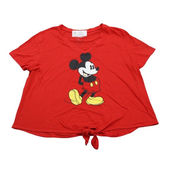 Disney Shirt Women XXL Red Mickey Mouse Graphic Print V Neck Tie Front Crop Tee - Picture 1 of 13